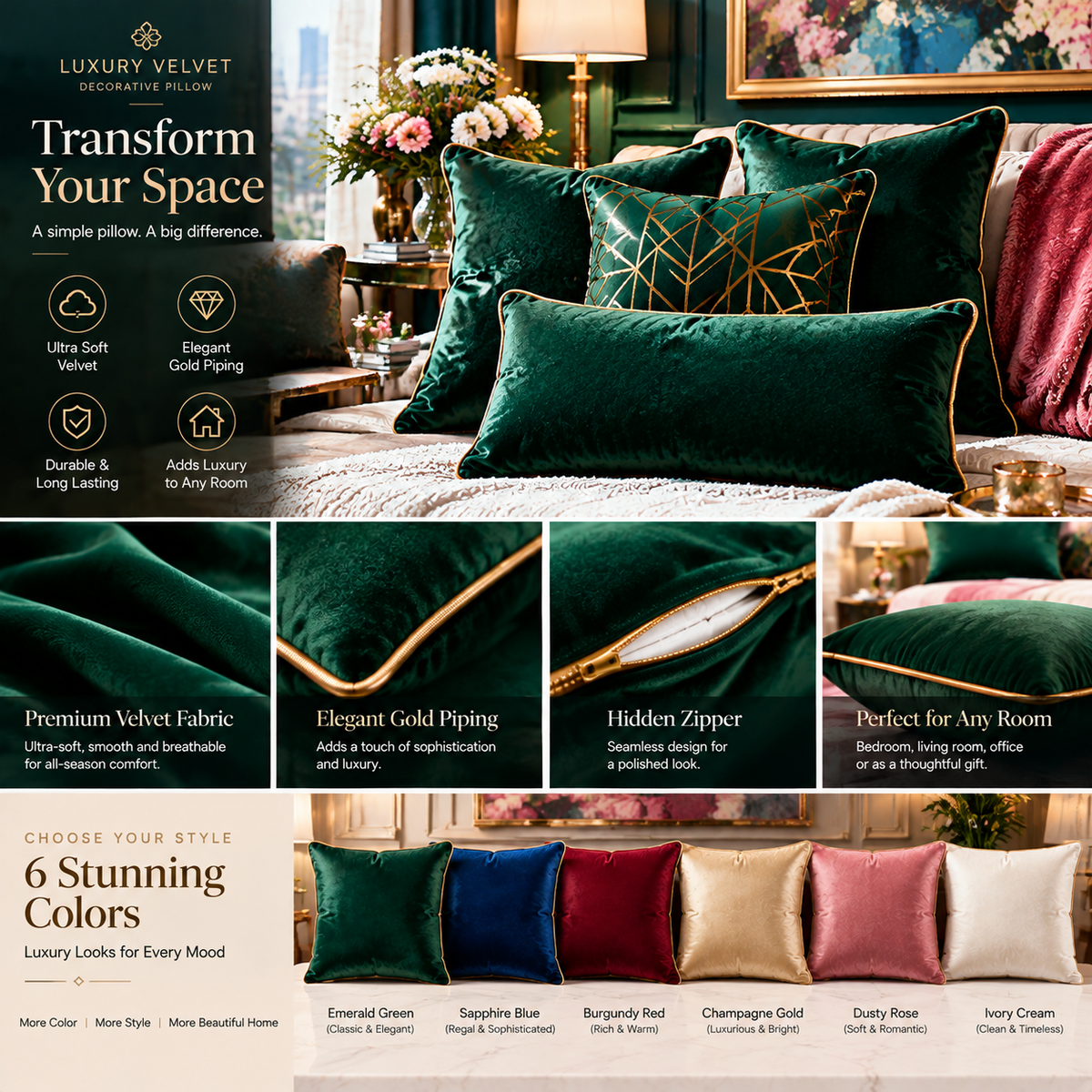 Amorelle® Luxury Velvet Decorative Pillow — Elevate Your Home with Timeless Elegance