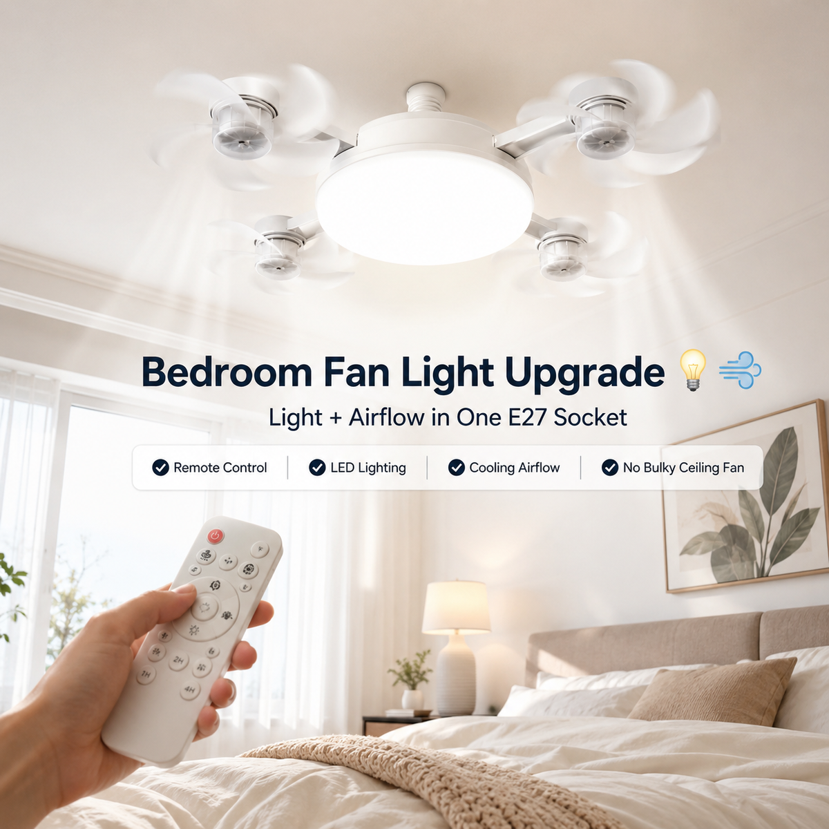 💡 E27 Socket Ceiling Fan Light – 2-in-1 LED Fan Bulb with Remote Control for Bedroom, Kitchen & Home Cooling